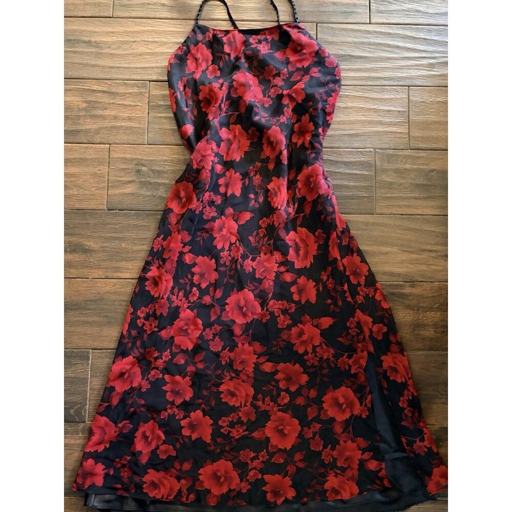 vintage Valerie Stevens 90s Low Back, Black and Red sexy Floral Slip Dress Med.